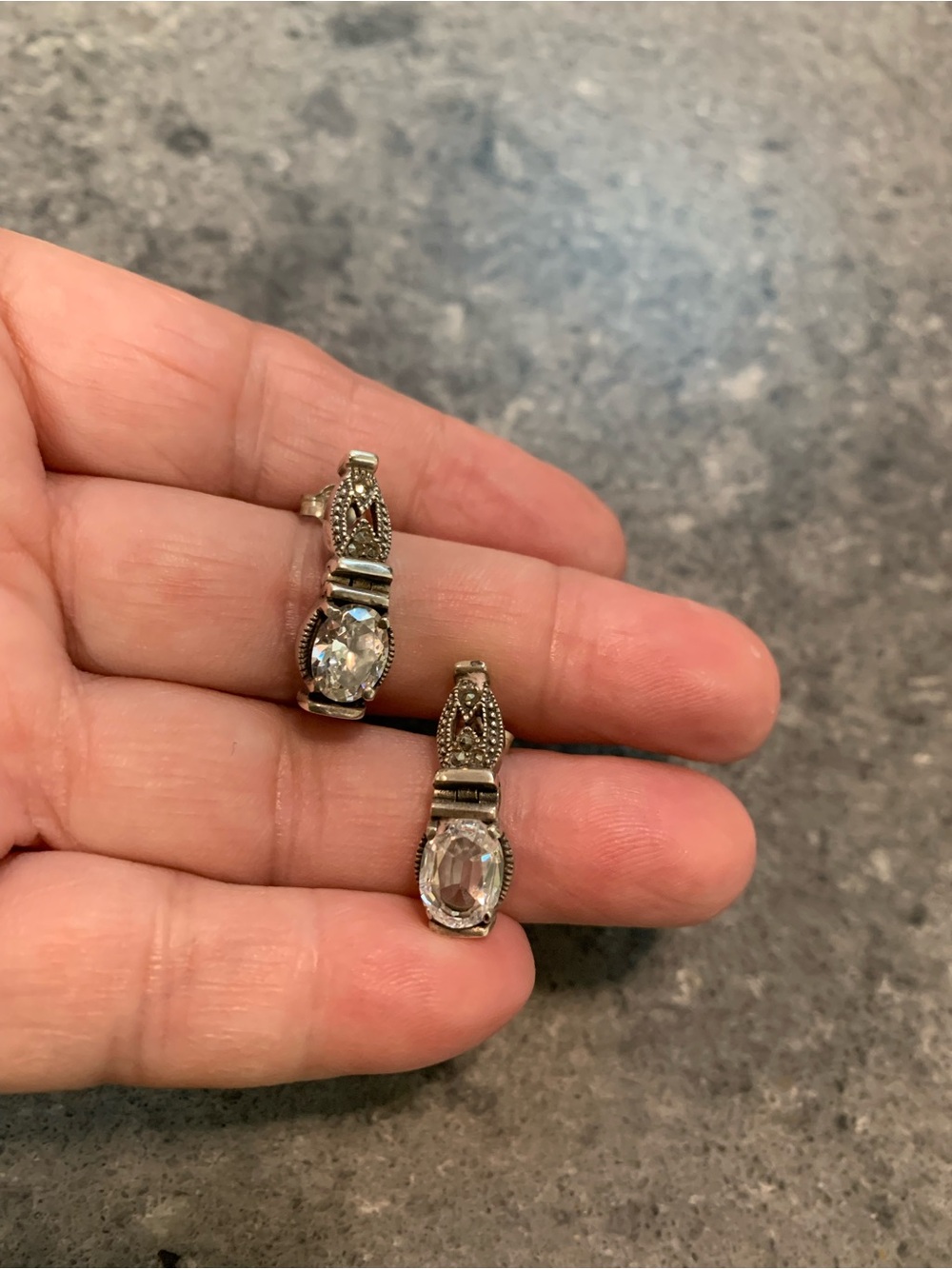 Vintage Sterling Silver Art Deco Marcasite and CZ Post Pierced Earrings - Picture 3 of 13